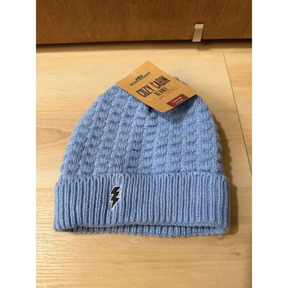 Cozy Cabin Youth Beanie Blue Soft Lined Knit One Size Bolt Design Acrylic New